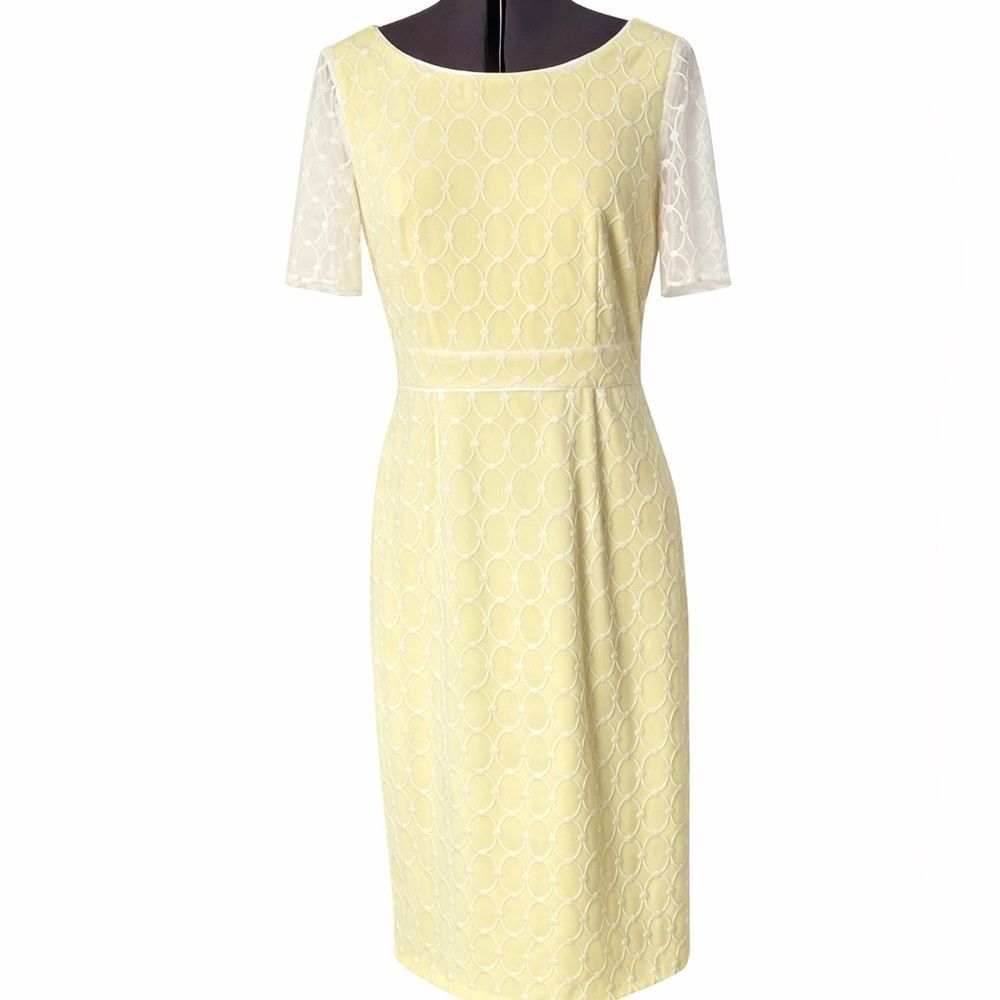 Antonio Melani Yellow White Embroidered Sheath Dress Size 2 Short Sleeve